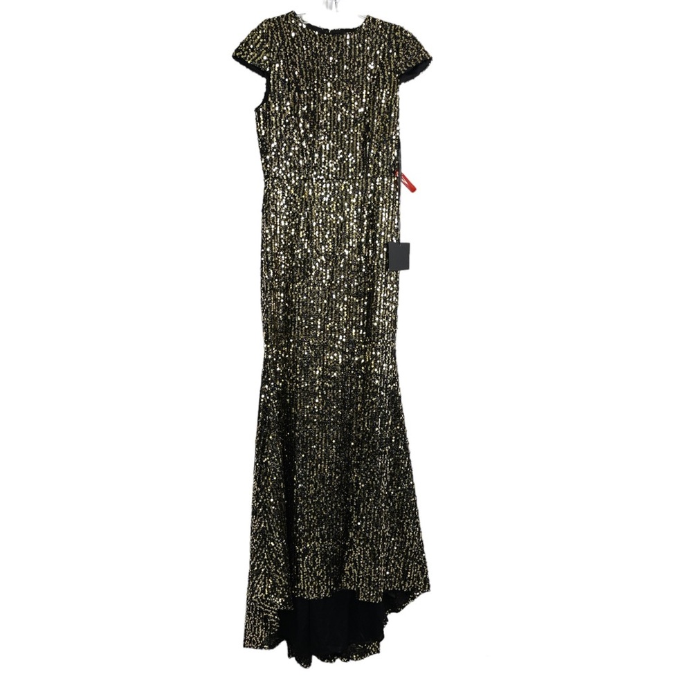 IEENA FOR MAC DUGGAL Sequined Cap Sleeve High Neck Gown NEW Size 8 Black Gold - Picture 2 of 14